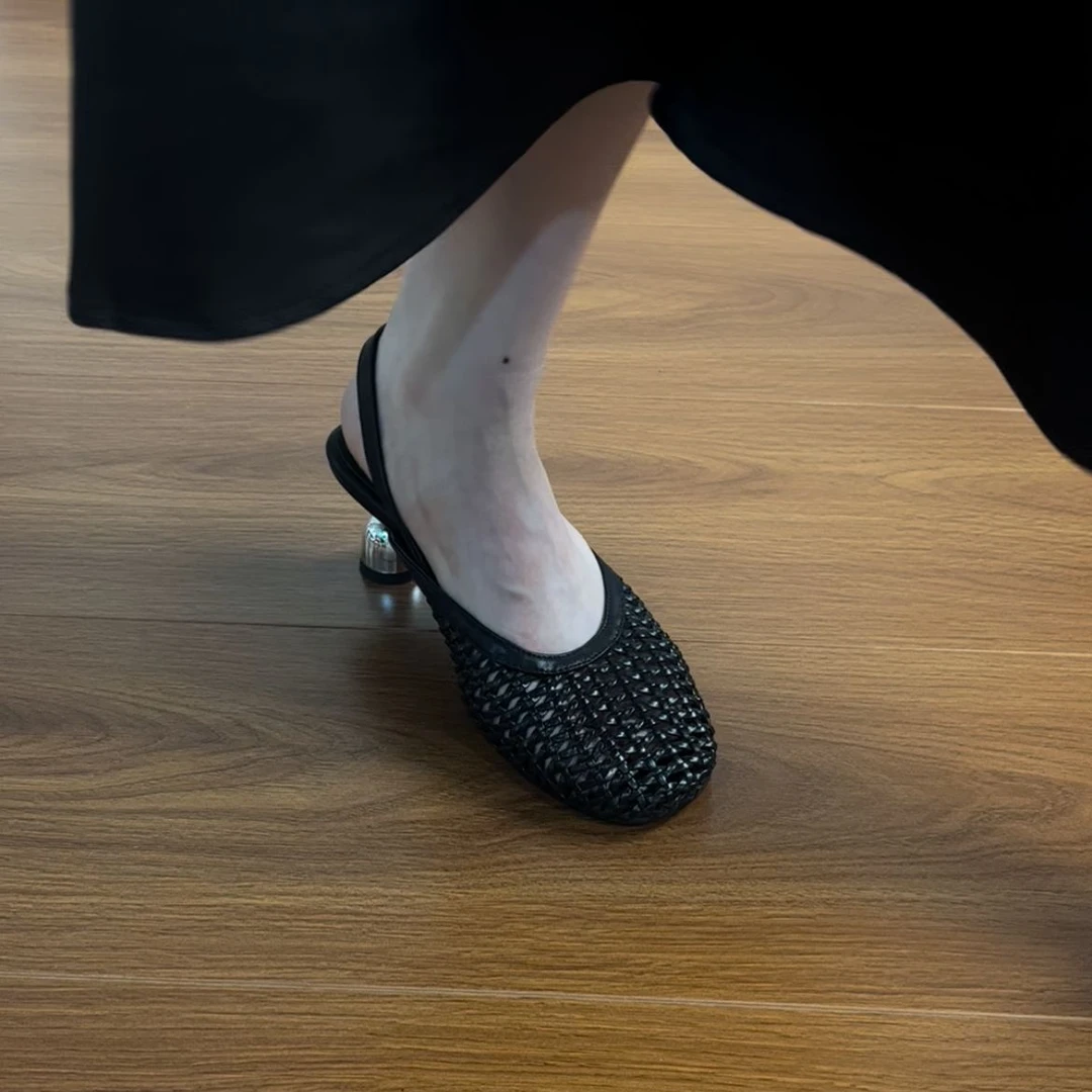 6CM牛皮法式复古镂空编织透气单鞋女2025新款春夏时尚软底洞洞鞋