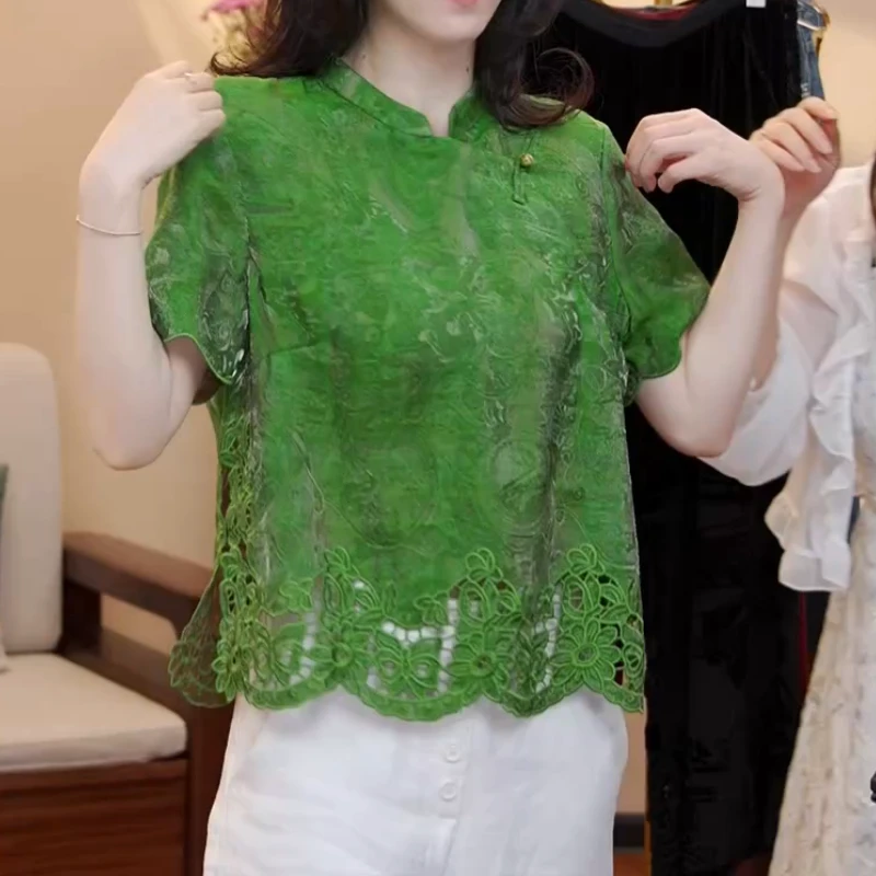 2025夏季新款百搭显瘦气质时尚下摆镂空短袖上衣LK253983