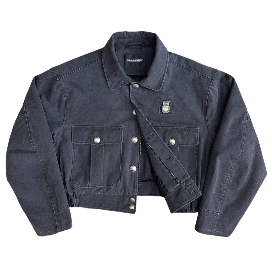UNKNOWNWORLD24FW重磅帆布水洗做旧时空警察徽章短宽棉服夹克