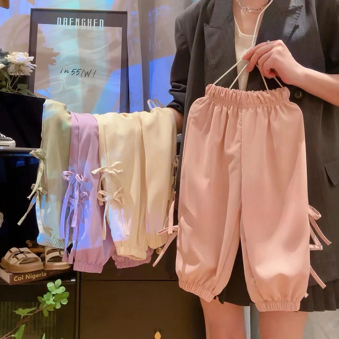 夏款儿童薄款宽松纯色蝴蝶结防蚊裤洋气时髦韩版女童百搭休闲裤