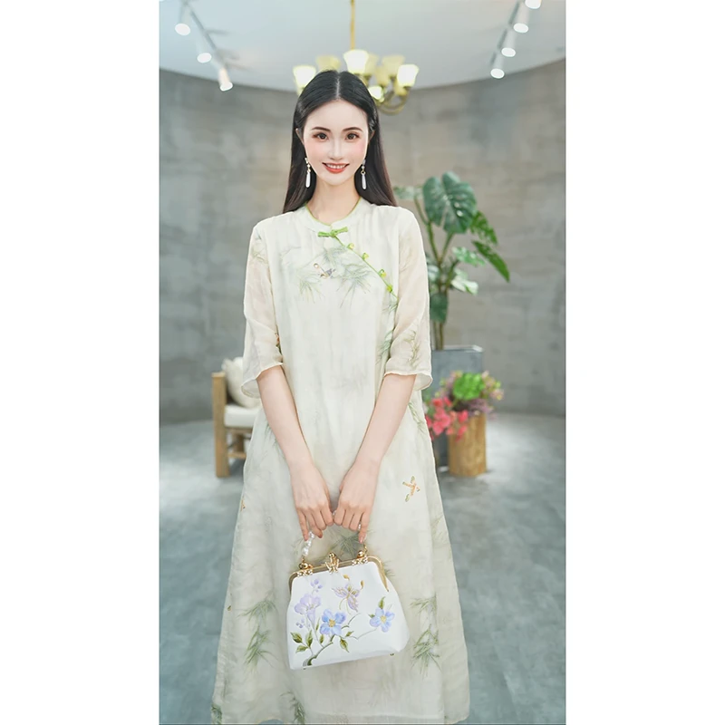 赠李白【喜鹊抱竹】100支苎麻大摆裙国风原创设计旗袍宽松盘扣6100