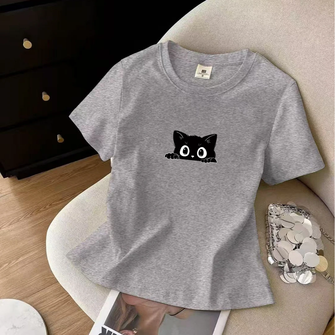 夏季新款猫咪印花小个子短袖圆领常规款正肩棉T恤休闲百搭女上衣