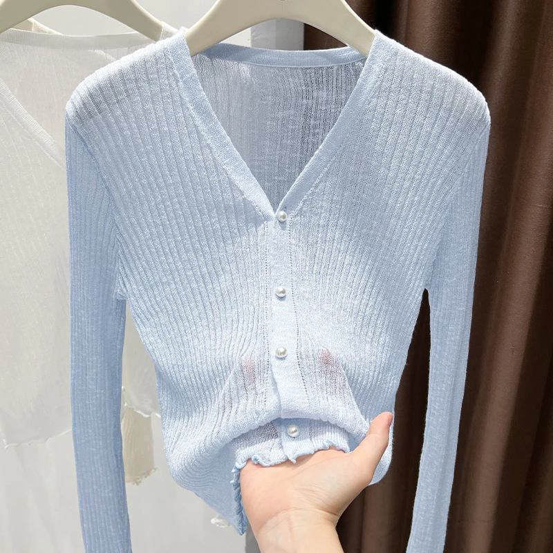 蓝色木耳边设计薄款长袖防晒开衫女配裙子外搭软糯亲肤百搭针织衫