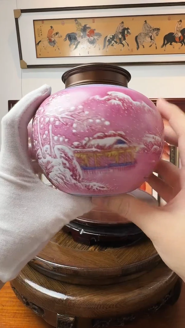摆件孙小霞老师胭脂红雪景盖罐2带证书