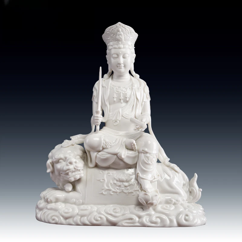 七珍陶瓷摆件《毗卢冠文殊普贤像》属兔生肖德化白瓷雕塑摆件