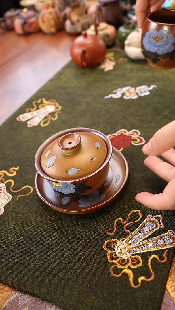 茶壶紫砂柴烧三才盖碗 蓝牡丹