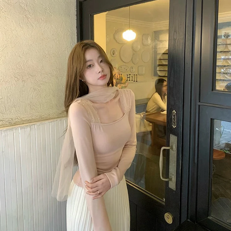 甜心软酪法式针织衫女冬网纱拼接气质飘带长袖打底衫T恤