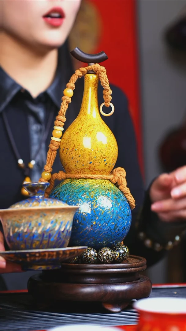 【闪购商品】JL052臻选大漆酒葫芦带蓝白三才盖碗