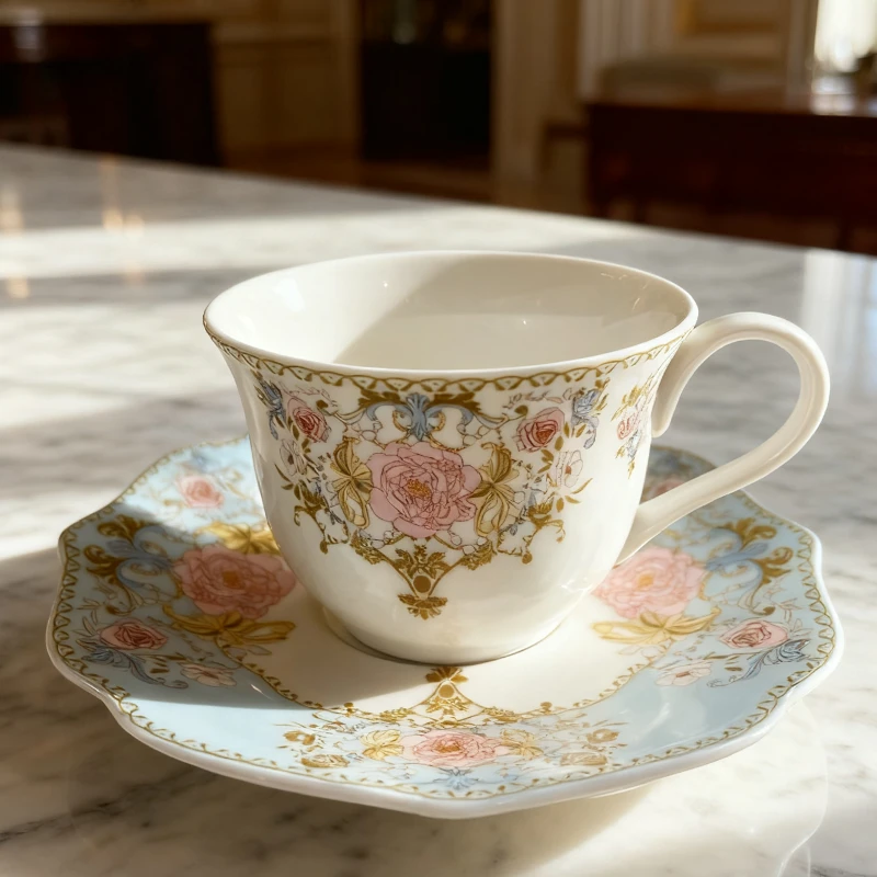 泰国皇家瓷器  创意家用简约精致宫廷绽粉花系列咖啡杯碟220ml