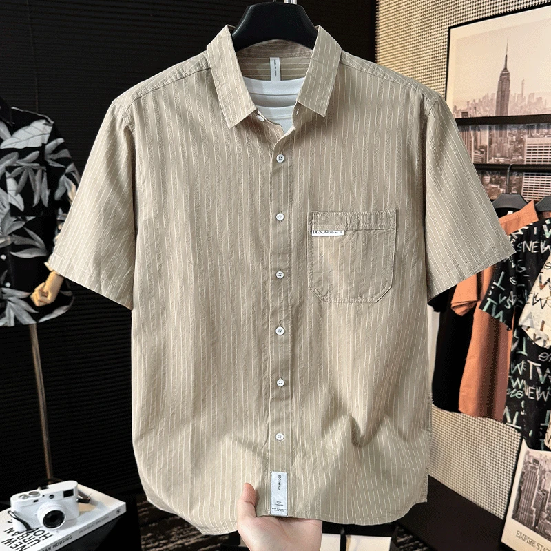 短袖衬衫男款痞帅夏季潮流条纹衬衫男士文艺免烫宽松百搭半袖衬衣