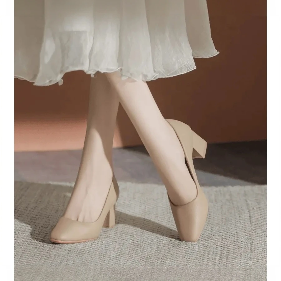 法式不累脚裸色高跟鞋女质春秋季小方粗跟工作鞋配裙子软皮女单鞋