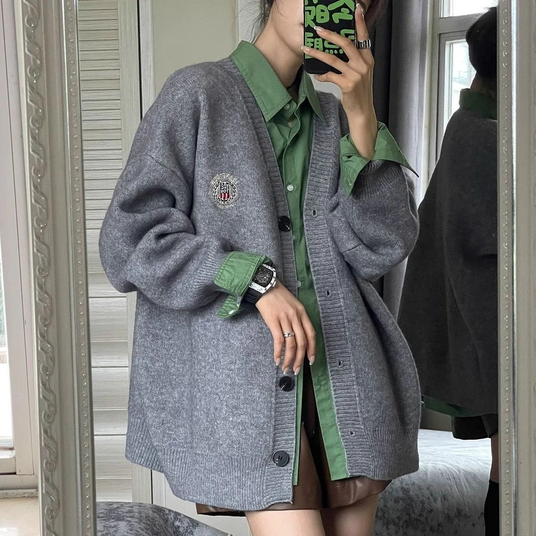 百搭休闲V领慵懒风中长款毛衣外套女秋冬款韩版宽松加厚毛针织衫