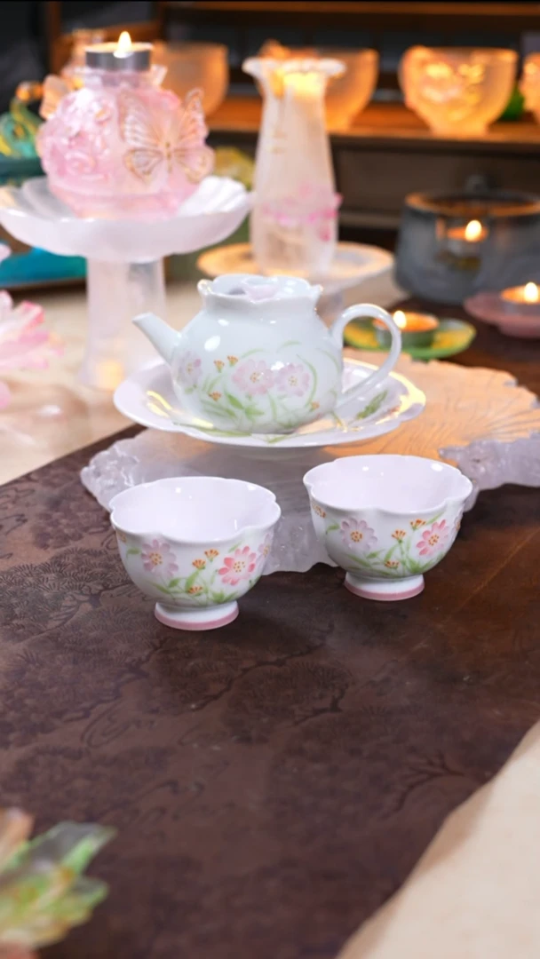 有田烧雏菊石榴茶壶1只+绯紫映晨壶承1只+高足花口杯2只