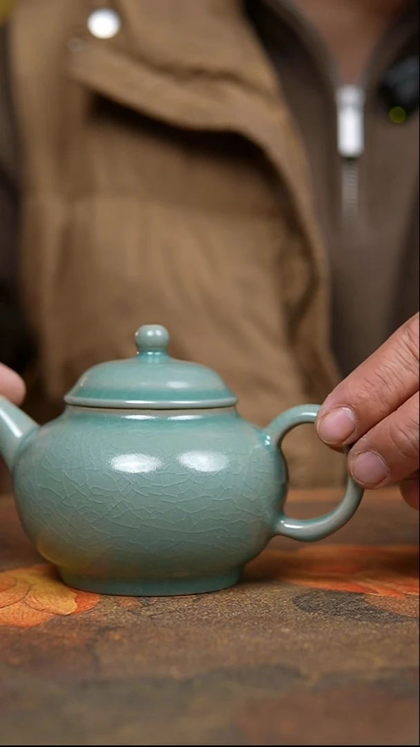 壶仿古翡翠绿釉纯手水平壶微瑕
