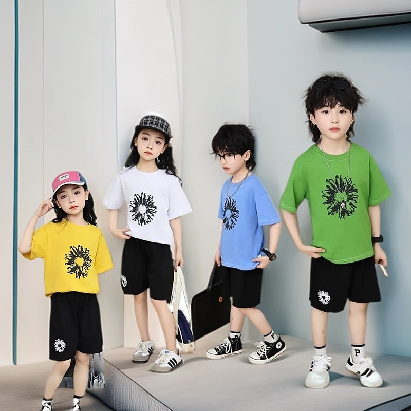 儿童纯棉套装男女童新款夏季韩版休闲时尚短袖短裤宽松薄款两件套