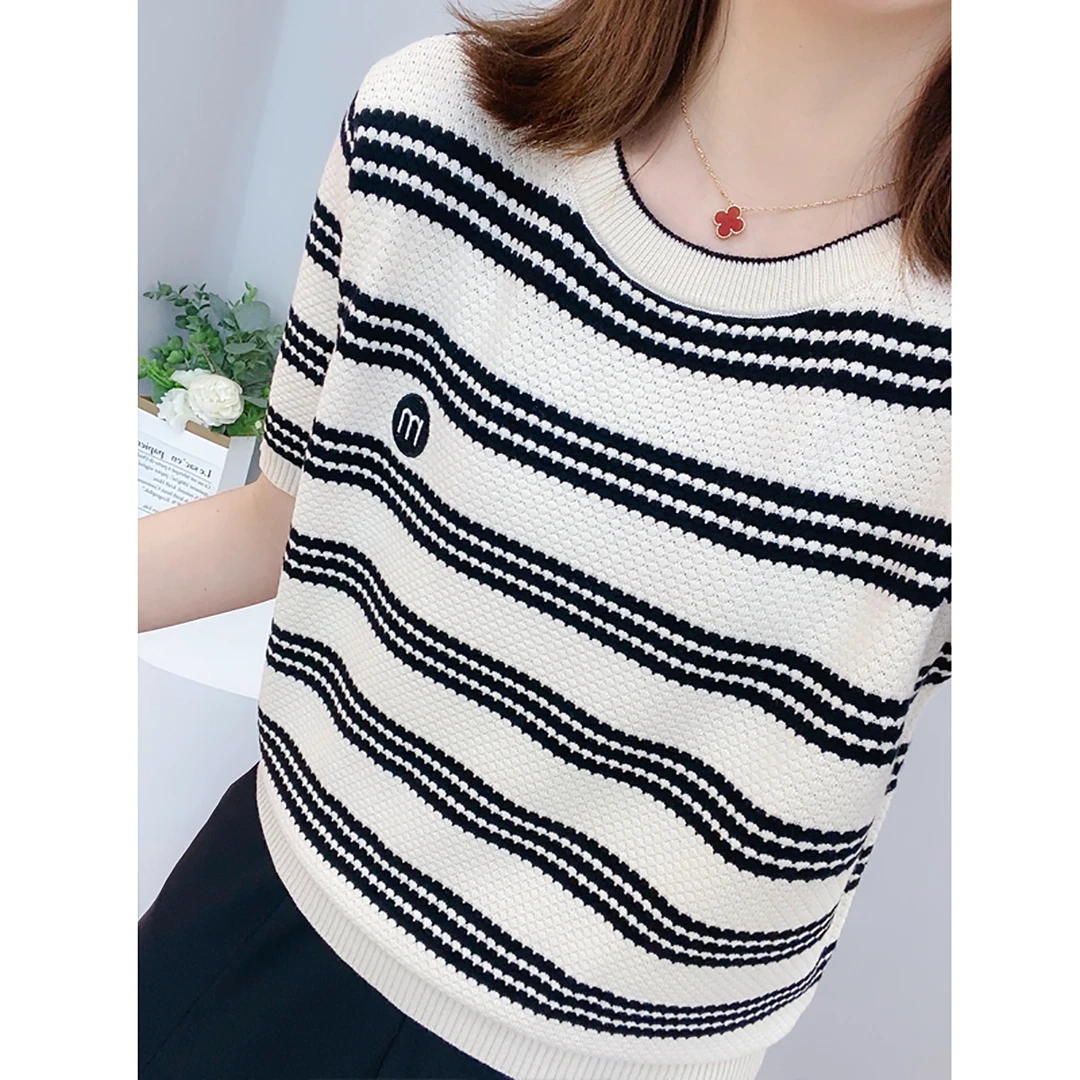 外贸原单意大利女装清仓条纹冰丝短袖T恤女宽松韩版大码遮肚上