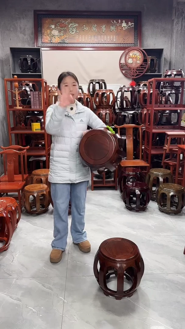 花梨木类家具胡桃色大号鼓凳一对（两条）
