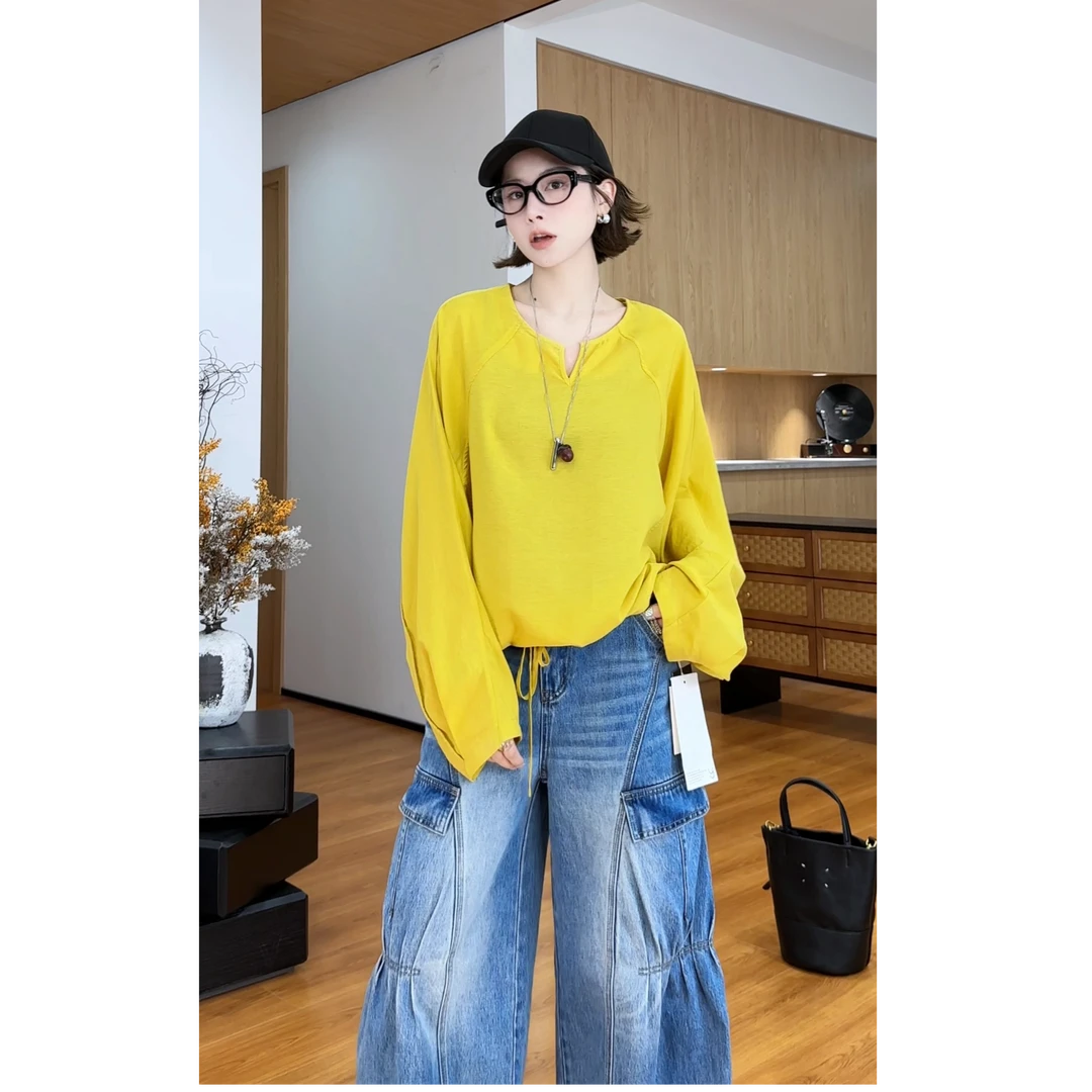 YYOUHAN 2025夏款小众设计V领抽绳上衣纯色防晒罩衫 2504C2033