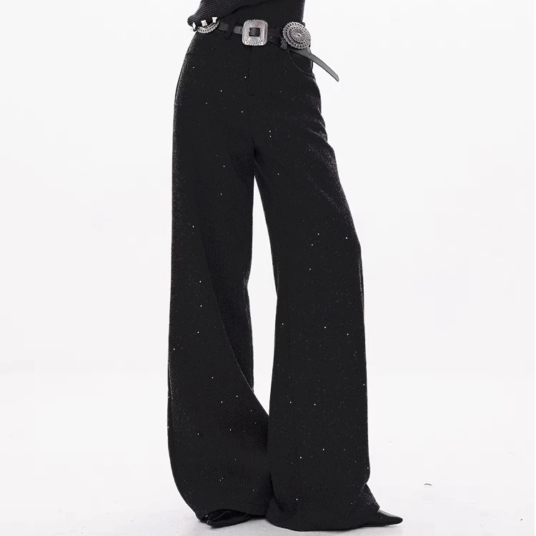 毛呢亮片时尚气质显瘦休闲高腰裤子百搭黑色阔腿裤设计感