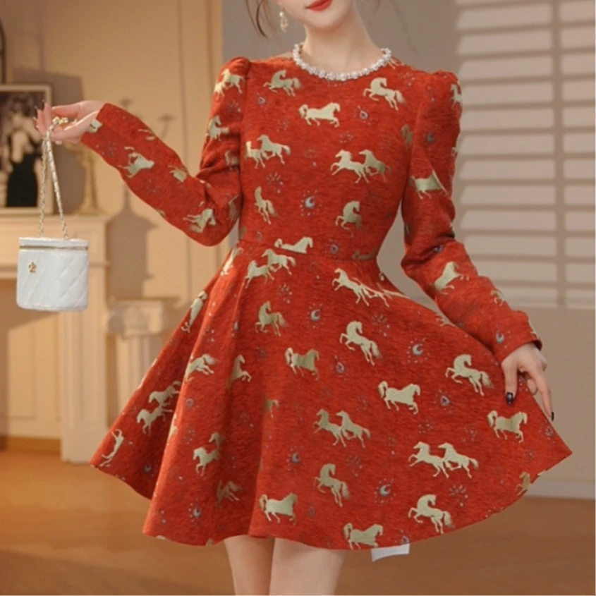 2025红色秋冬装新款女装名媛气质收腰蓬蓬显瘦连衣裙短裙41175