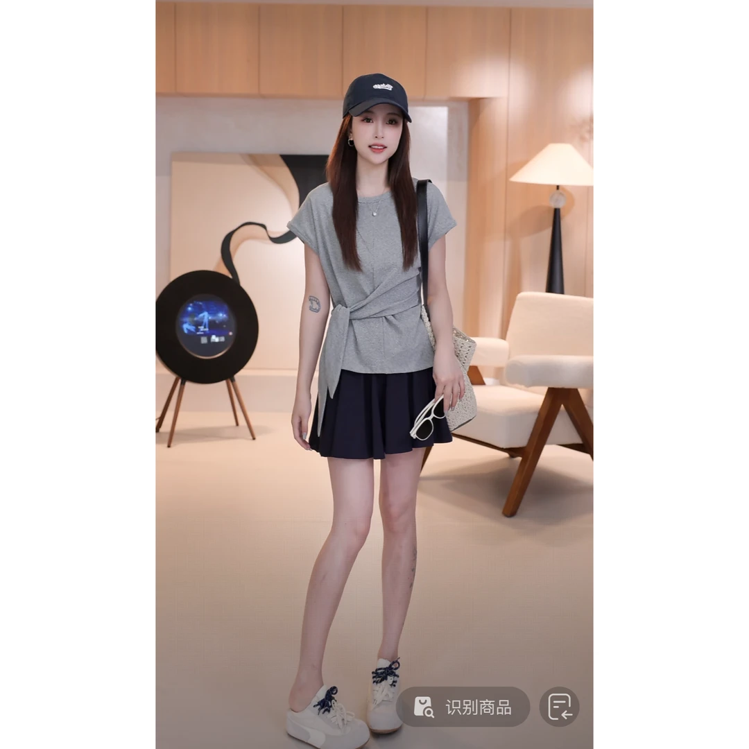 C04364夏季新款别致INS潮显瘦小心机绑带收腰短袖T恤