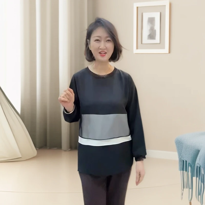 【韩国设计师衣吧】春季新款高级百搭时尚宽松剑灵前拼接圆领衬衫