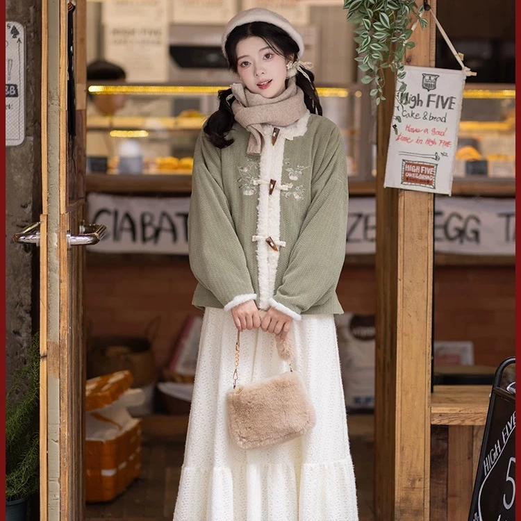 池夏【立冬:抹茶麻薯】汉元素短袄蕾丝半裙原创改良汉服女 秋冬