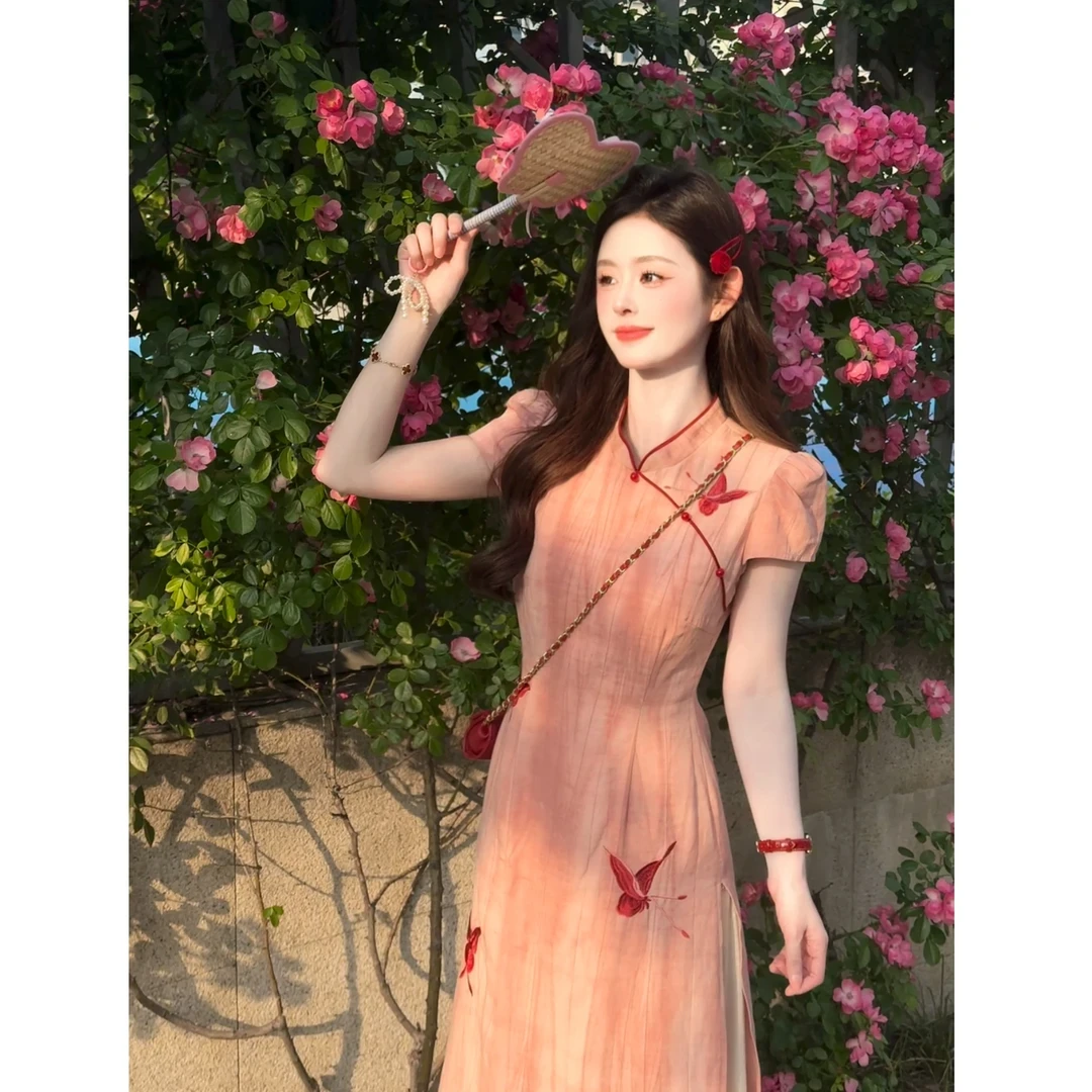 【南风里】新中式蝴蝶刺绣假两件拼接旗袍连衣裙子收腰显瘦长裙女装