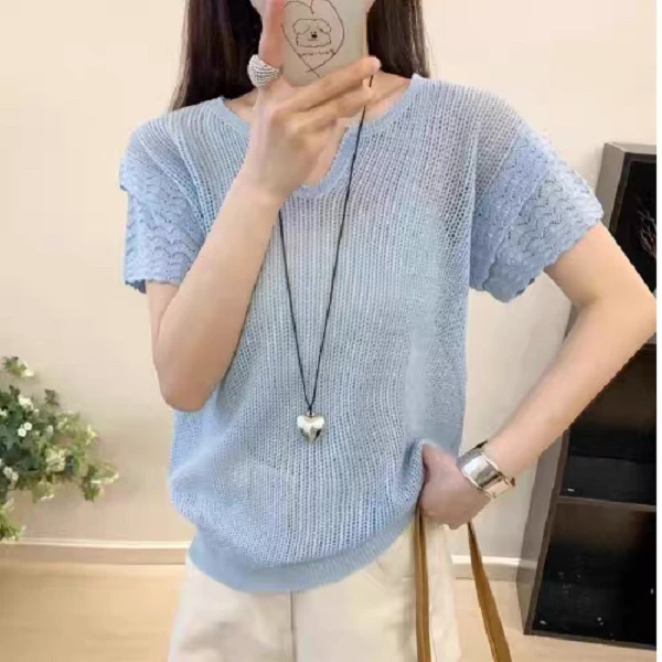 玲姐定制-镂空小飞袖夏季新款韩系简约短袖V领针织短袖156619