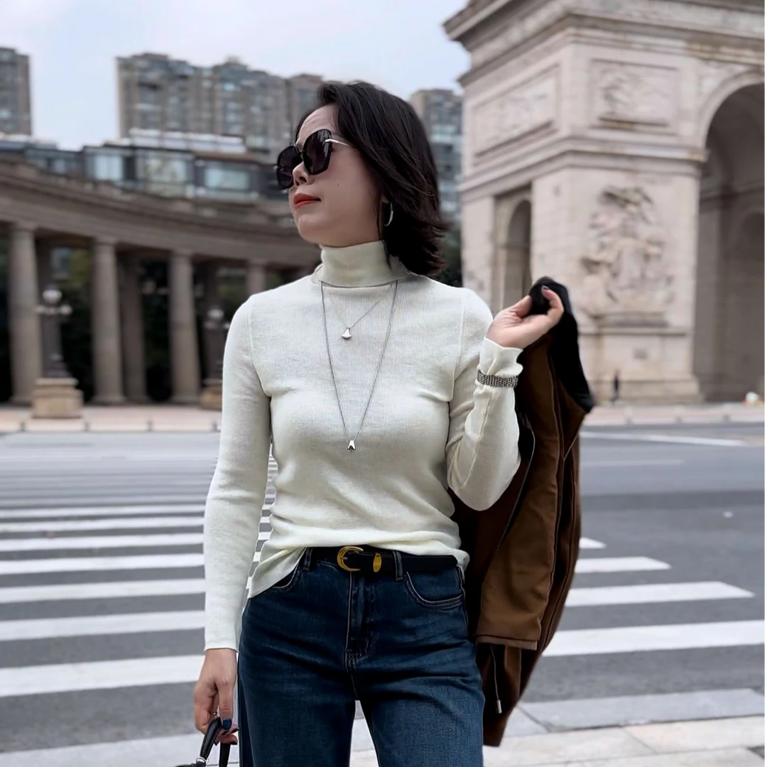 高端羊毛高领遮肉显瘦百搭纯色保暖针织打底衫坑条内搭秋冬新款潮