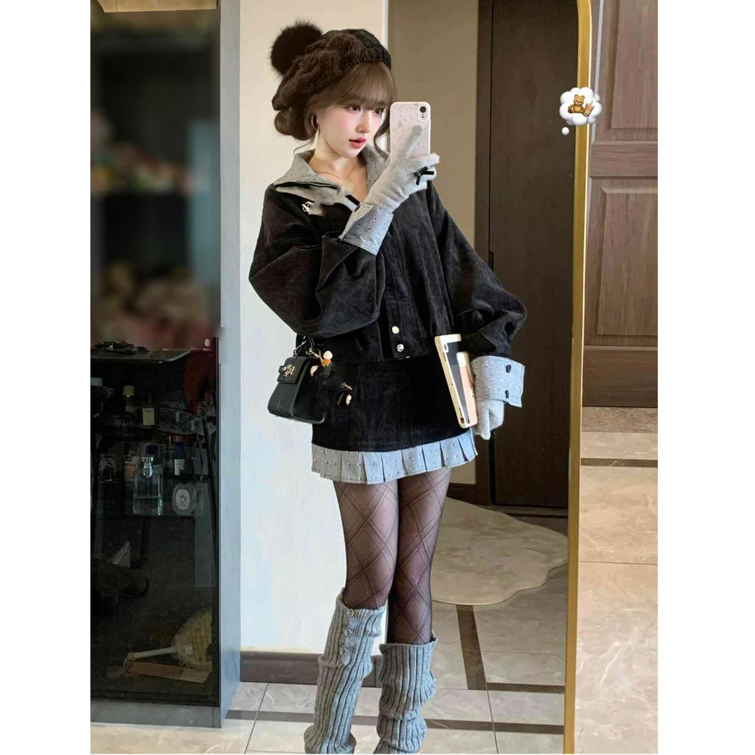 2025冬季新款韩系氛围感双层拼接领百搭宽松夹克外套短裙两件套女