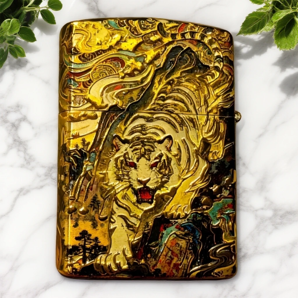 3D满工鎏金青龙白虎图案打火机配官方礼盒证书适合送礼D