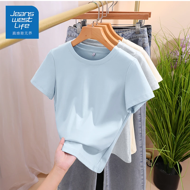 真维斯无界短袖女款爆款2025新款天空蓝短袖T恤纯色舒适透气宽松