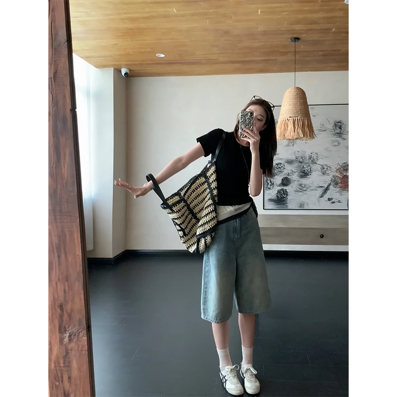 高个子半裤/夏季美式复古宽松垂感阔腿牛仔裤 （五-七）分裤 SU144