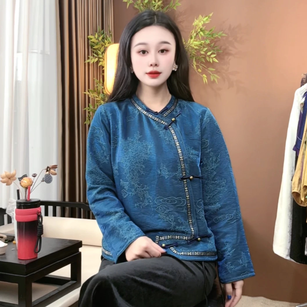 秋季桑蚕丝时尚新中式圆领加厚外套气质休闲百搭国风外套女S164
