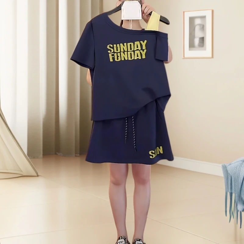 高级感套装夏女2025新款爆款字母印花T恤高腰不规则半身裙两件套