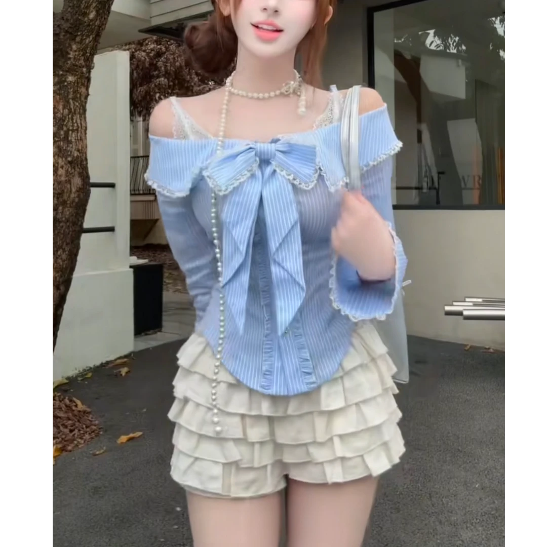 法式甜美蝴蝶结一字肩条纹长袖衬衫半身裙两件套女秋季漂亮套装裙