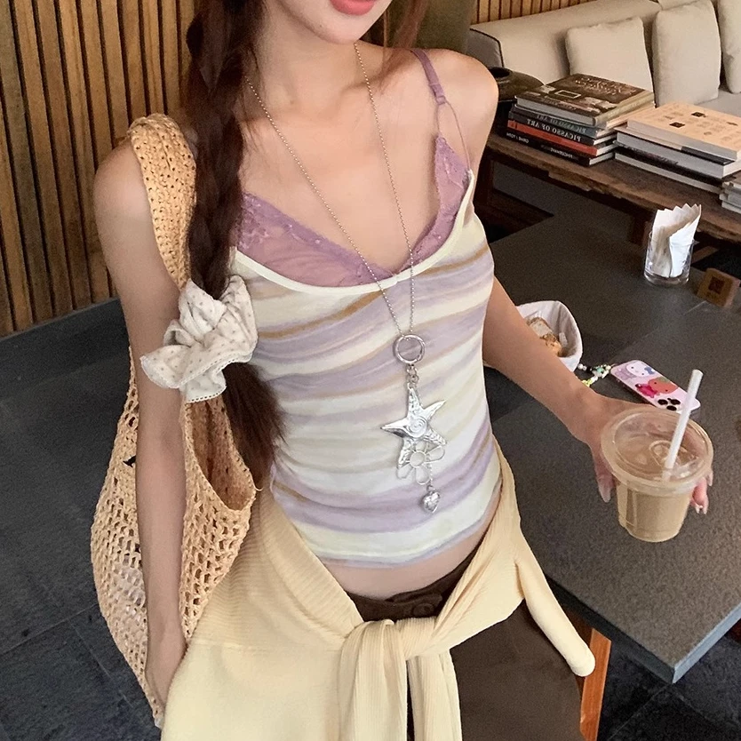 吊带背心女夏日外穿2025新款露背辣妹蕾丝紫色条纹无袖上衣女款