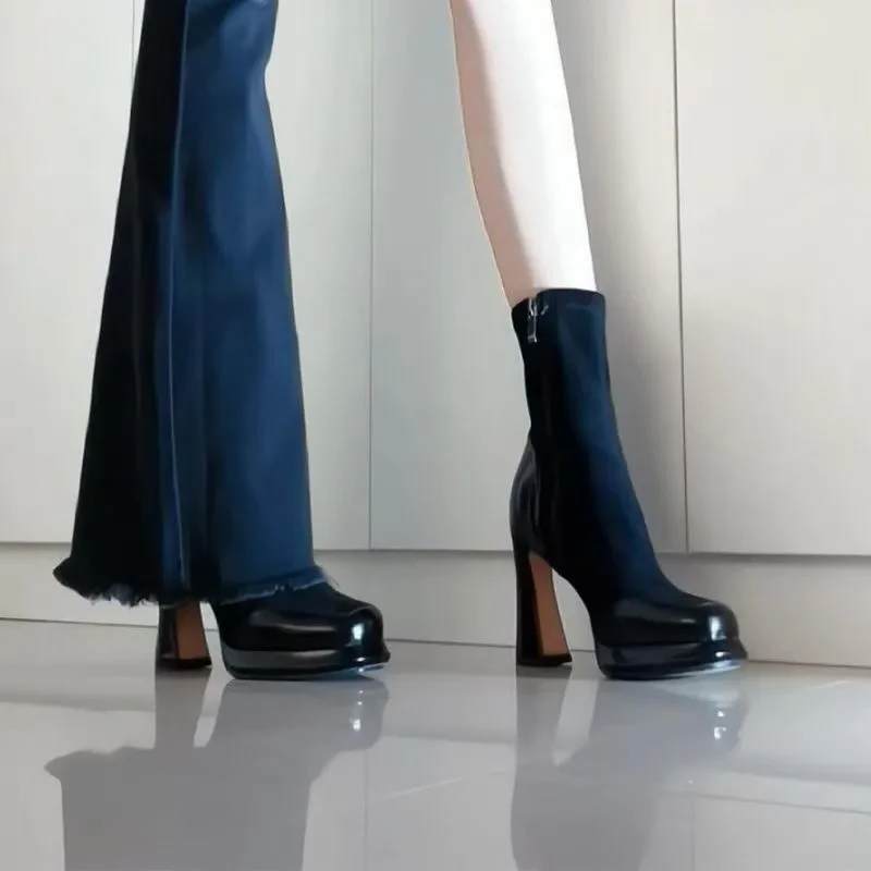 高跟短靴女粗跟弹力瘦瘦靴防水台爆款厚底方头2024新款简约单靴