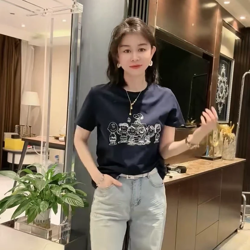 欧货2025春夏新款简约时髦休闲百搭撞色刺绣卡通印花圆领短袖T恤