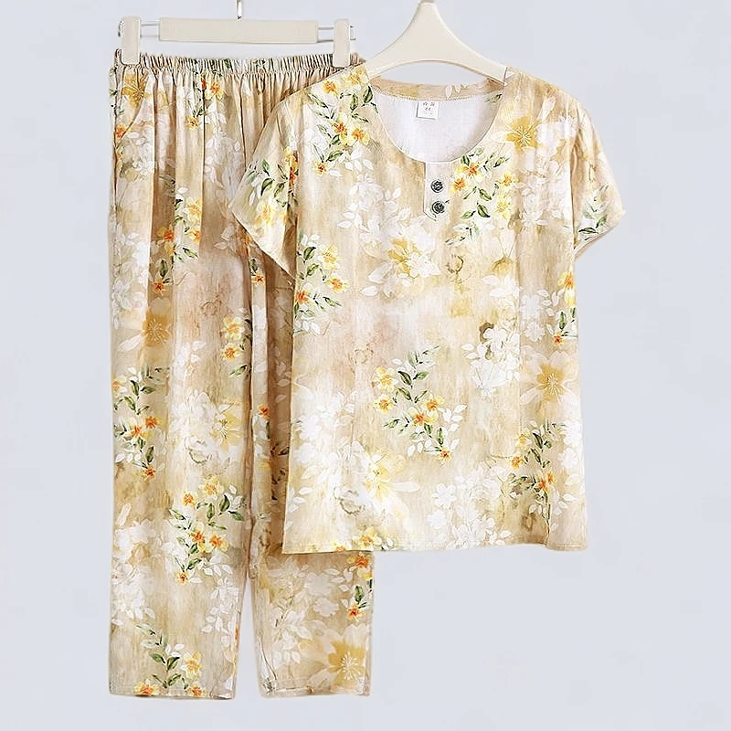 夏睡衣女棉绸套装薄两件套家居服简约短袖7分裤绵绸妈妈外出睡衣