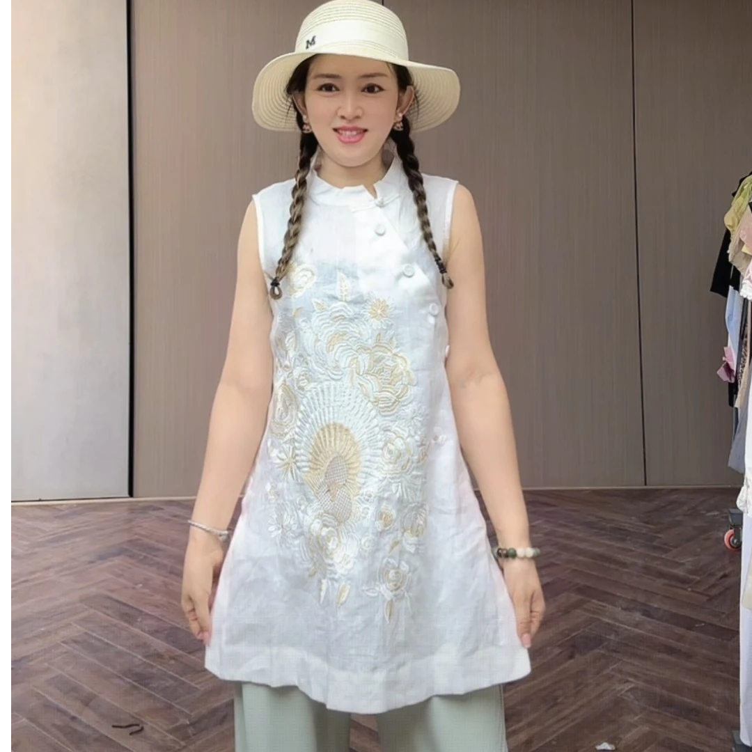 702/25761/168   新中式国风重工刺绣无袖衬衫女宽松显瘦