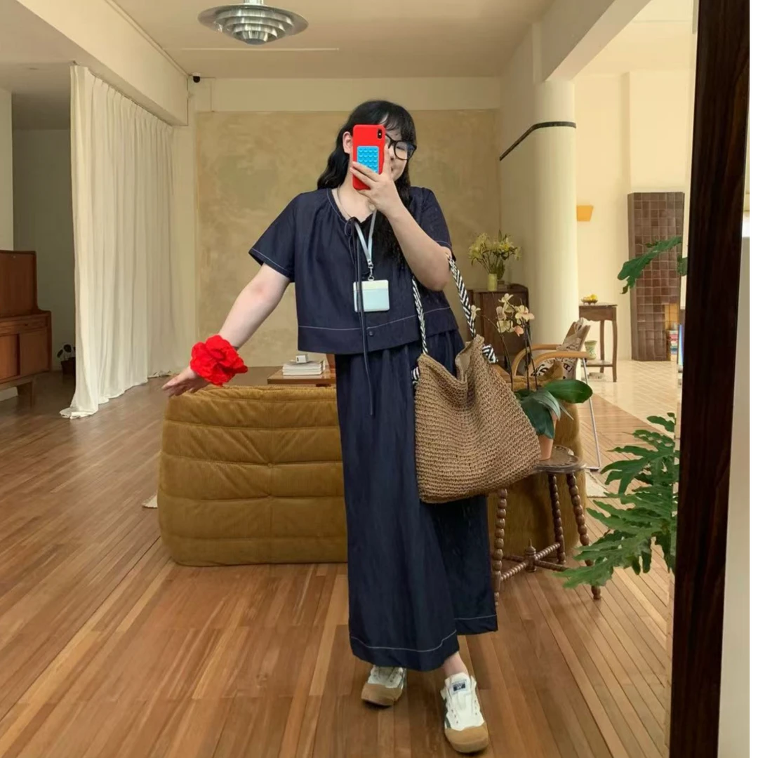 【运补6】大码盐系穿搭套装女休闲上衣胖MM显瘦牛仔半身裙子两件套