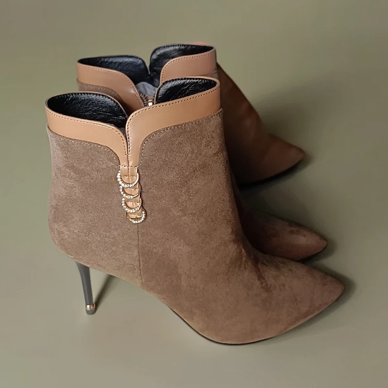 丹比奴春秋款女靴子高跟细跟性感尖头短靴气质