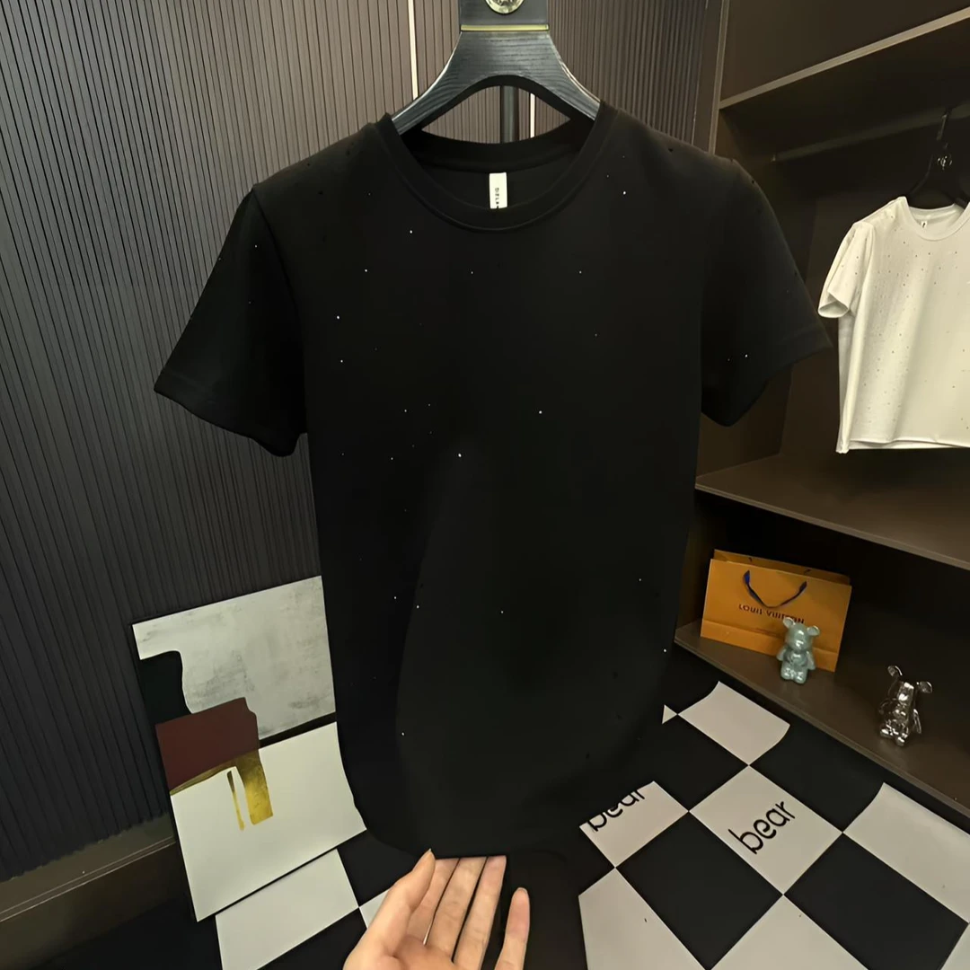 2025秋冬新款轻奢重工烫钻圆领百搭满天星纯色短袖体恤半袖上衣男