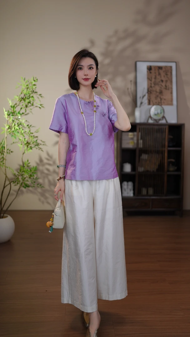 GONG QUE 新中式桑蚕丝圆领双宫绸气质斜襟短袖上衣 3168