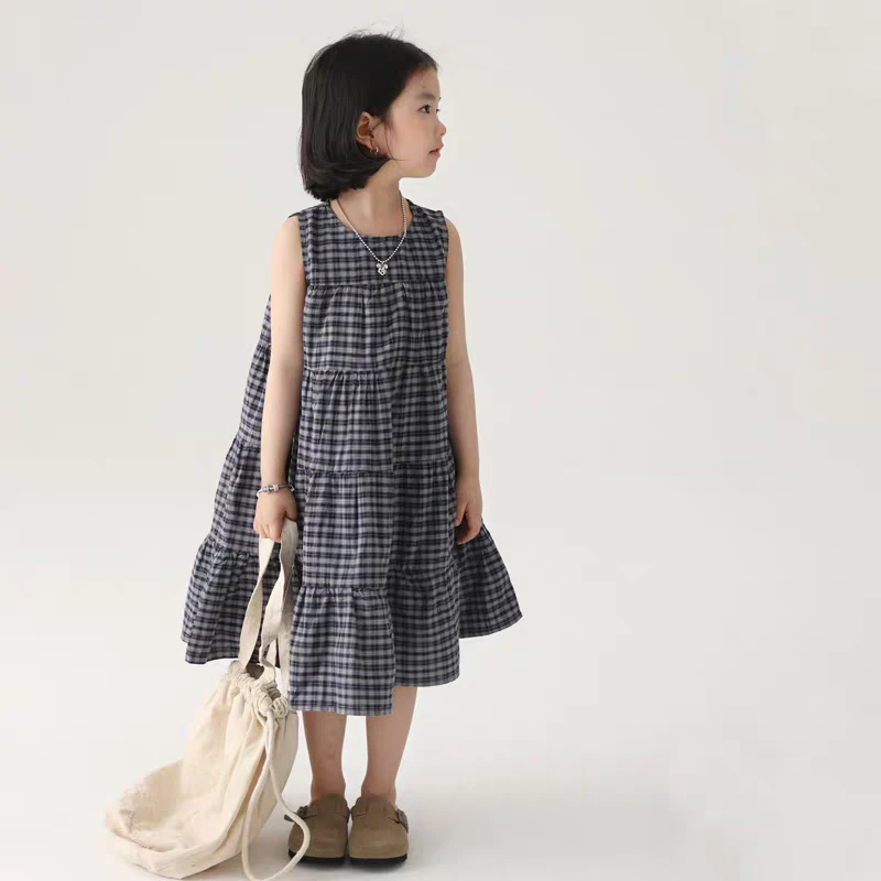 现货清！女童连衣裙2025夏季新款儿童格子蛋糕裙小女孩无袖背心裙