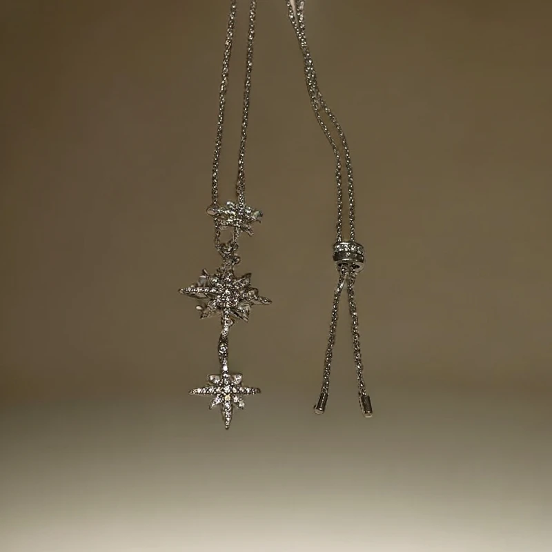 坠链均925银合成锆石 时尚百搭长款芒星气质精致毛衣链项链