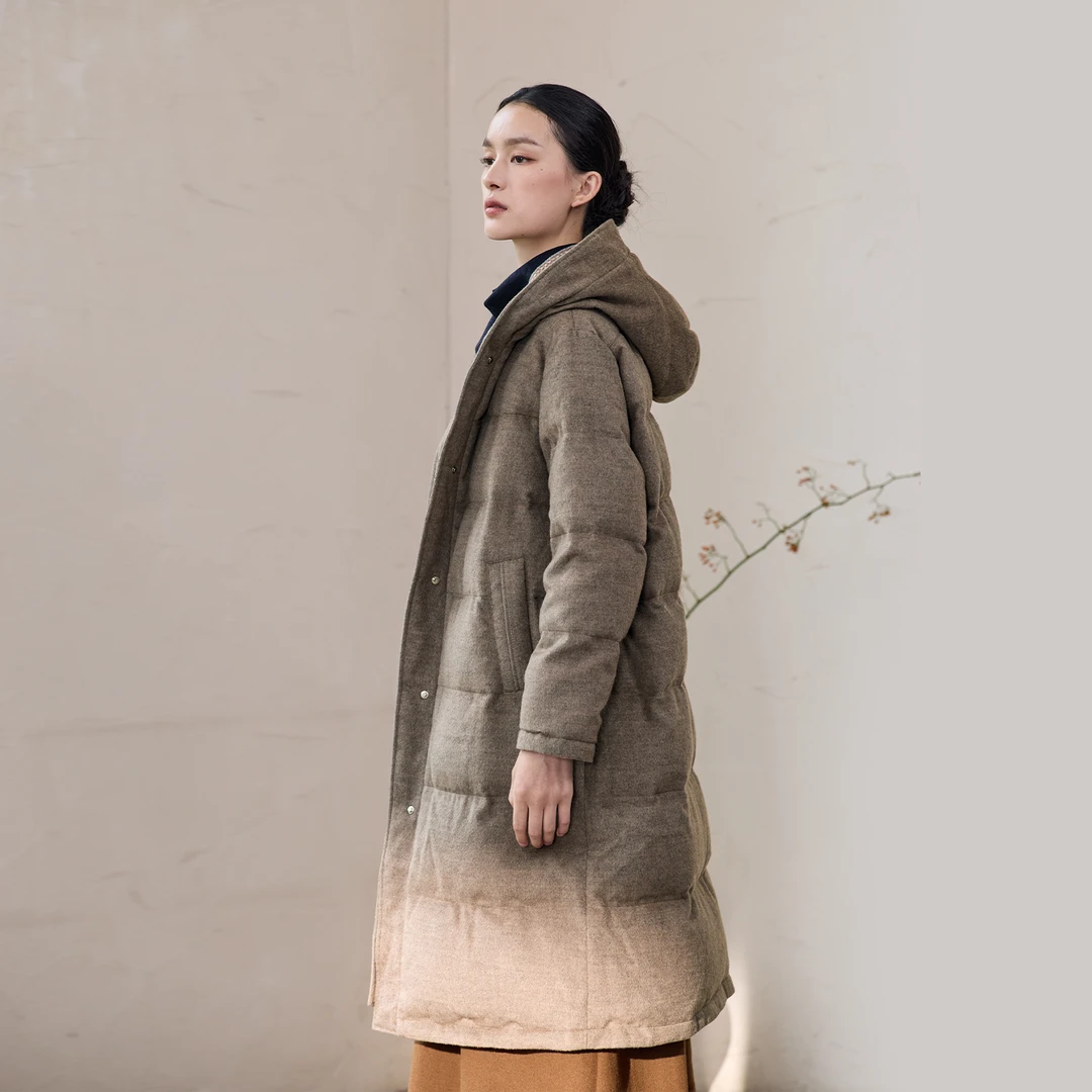 Q.TU羊毛呢90白鹅绒加厚保暖大衣女秋冬连帽高级中长羽绒服 温琢