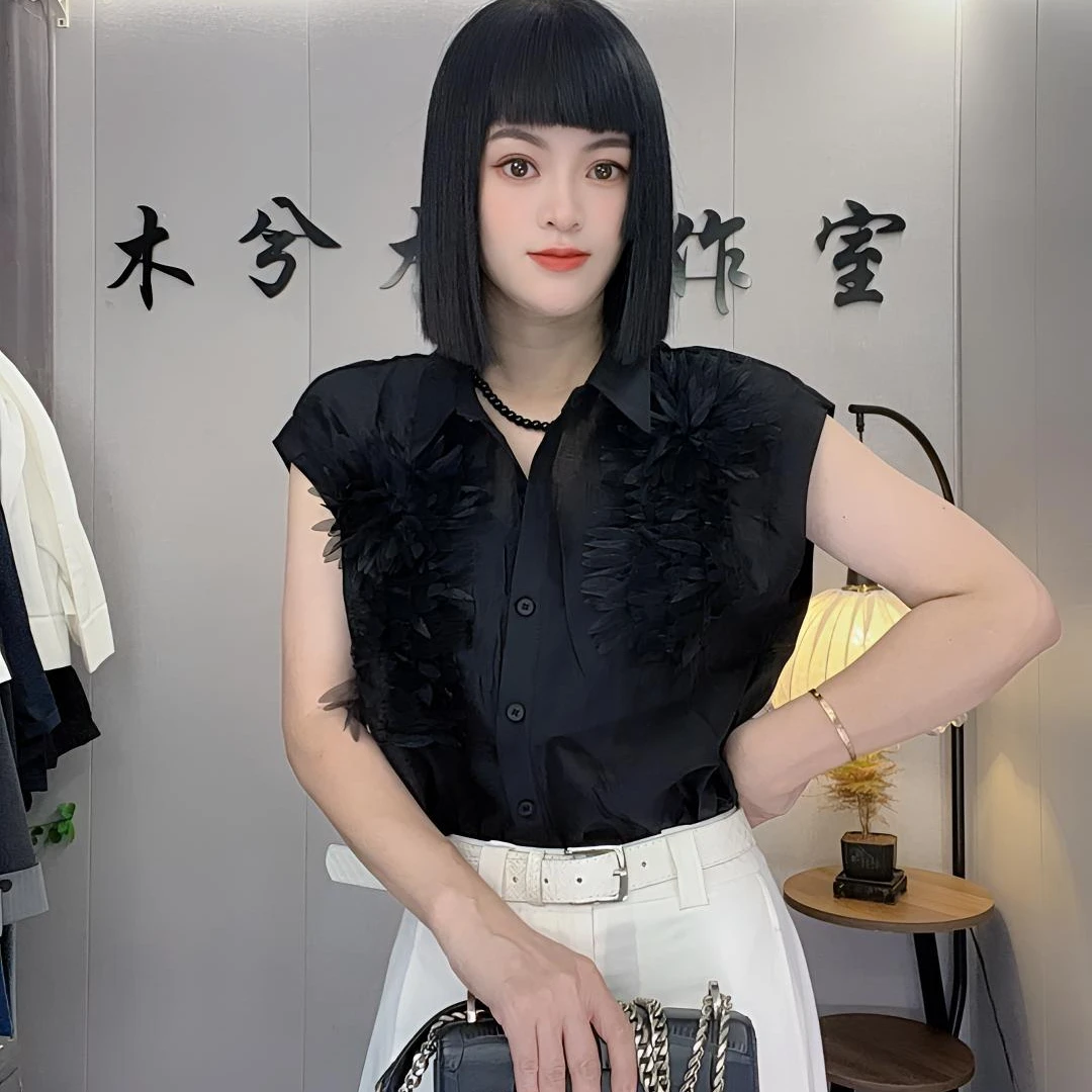《木兮木》 2025夏季新款立体花朵飞飞袖无袖衬衫时尚百搭显瘦上衣